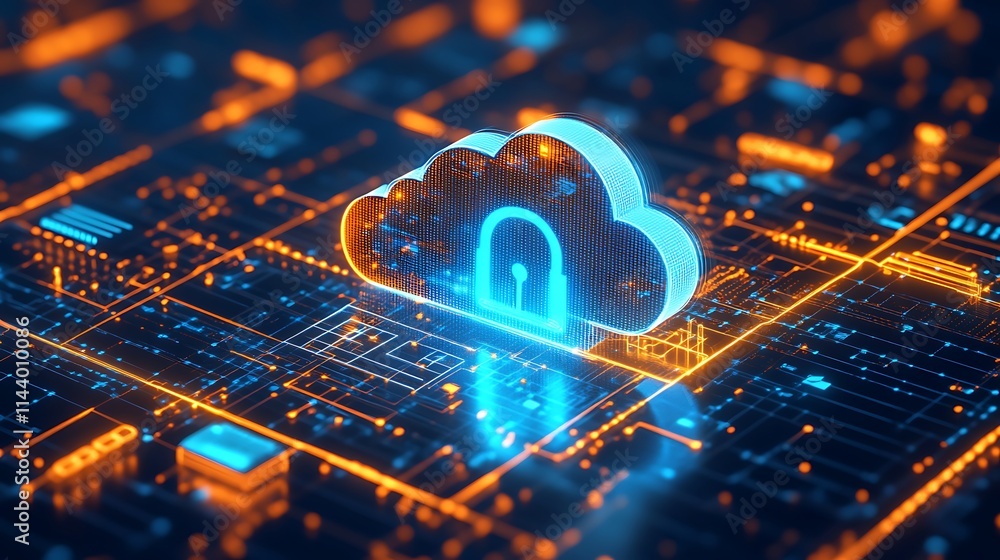 Poster futuristic cloud computing concept with security lock and neon digital circuit background