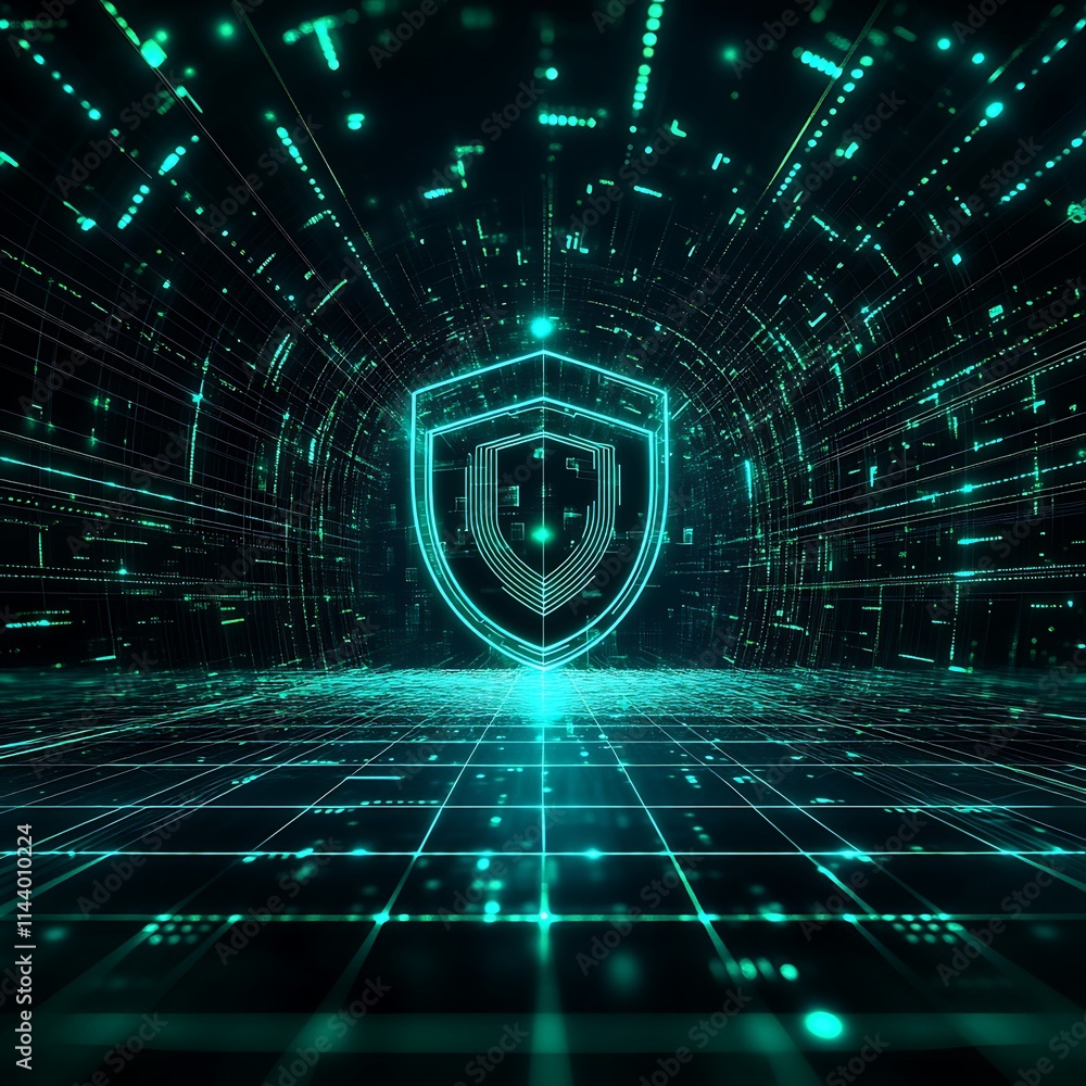 Poster futuristic cybersecurity concept with shield in digital environment full of data streams