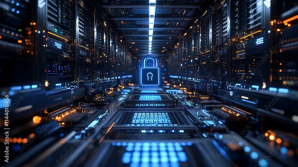 Aufkleber futuristic data center with cyber security lock icon surrounded by glowing technology elements