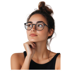 Fototapeta premium Pensive Woman Wearing Glasses Deep in Thought on Transparent PNG background