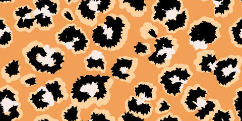 Obraz premium Bright leopard-inspired seamless pattern with bold spots outlined on a rich orange background. Unique abstract animal print ornament for fashion design, modern decor, and artistic branding projects.