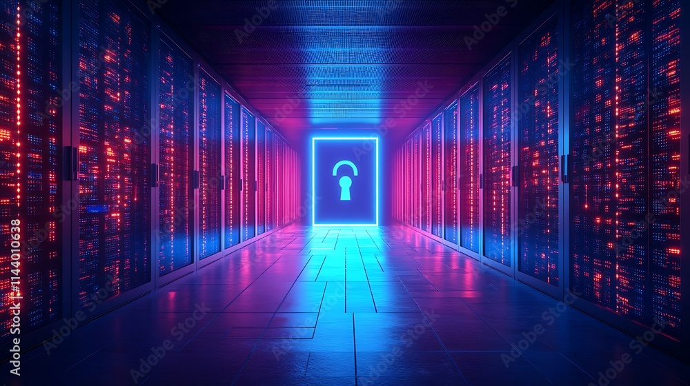 Poster futuristic data center with neon lights and open padlock symbol at the end of the corridor