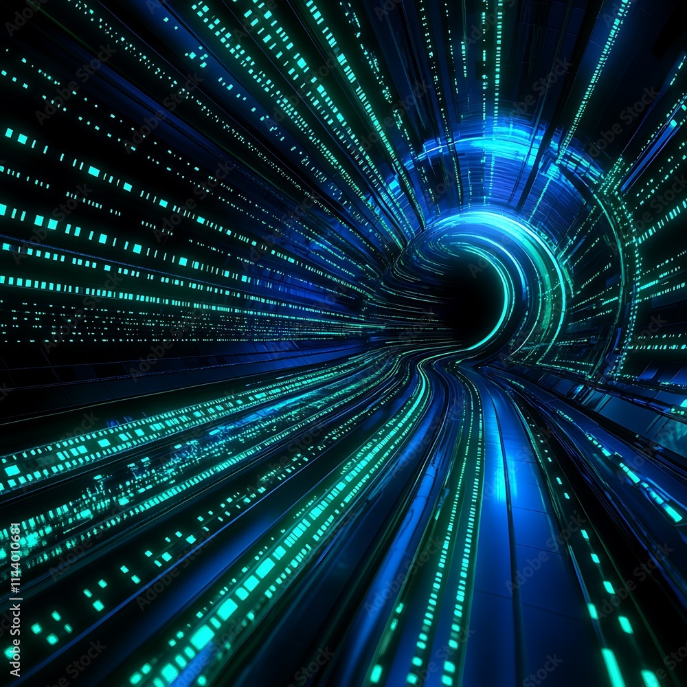 Poster futuristic data stream with bright blue and green lines in a cosmic tunnel visual effect