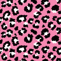Seamless leopard-style pattern in black and white spots on a bright pink background. Vector abstract design animal print. Perfect for fashion, textiles, wallpapers, offering a bold and trendy look