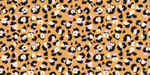 Vibrant leopard-inspired seamless pattern with black, cream, pink spots on a rich orange, yellow background. Stylish trendy animal print for textiles, fashion, wallpapers