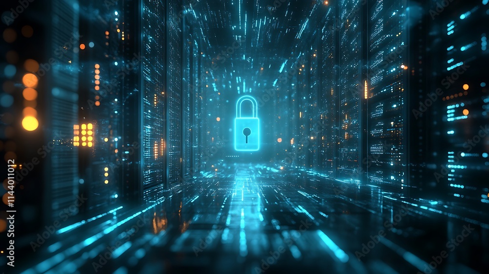 Poster futuristic digital data tunnel with lock icon representing cybersecurity and privacy protection