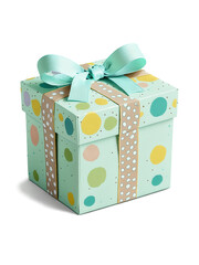 Playful gift box in pastel mint, adorned with hand-painted polka dots and a charming ribbon detail.