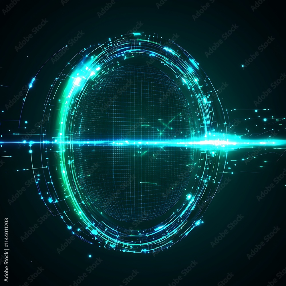 Poster futuristic digital interface with glowing particles and abstract geometric patterns