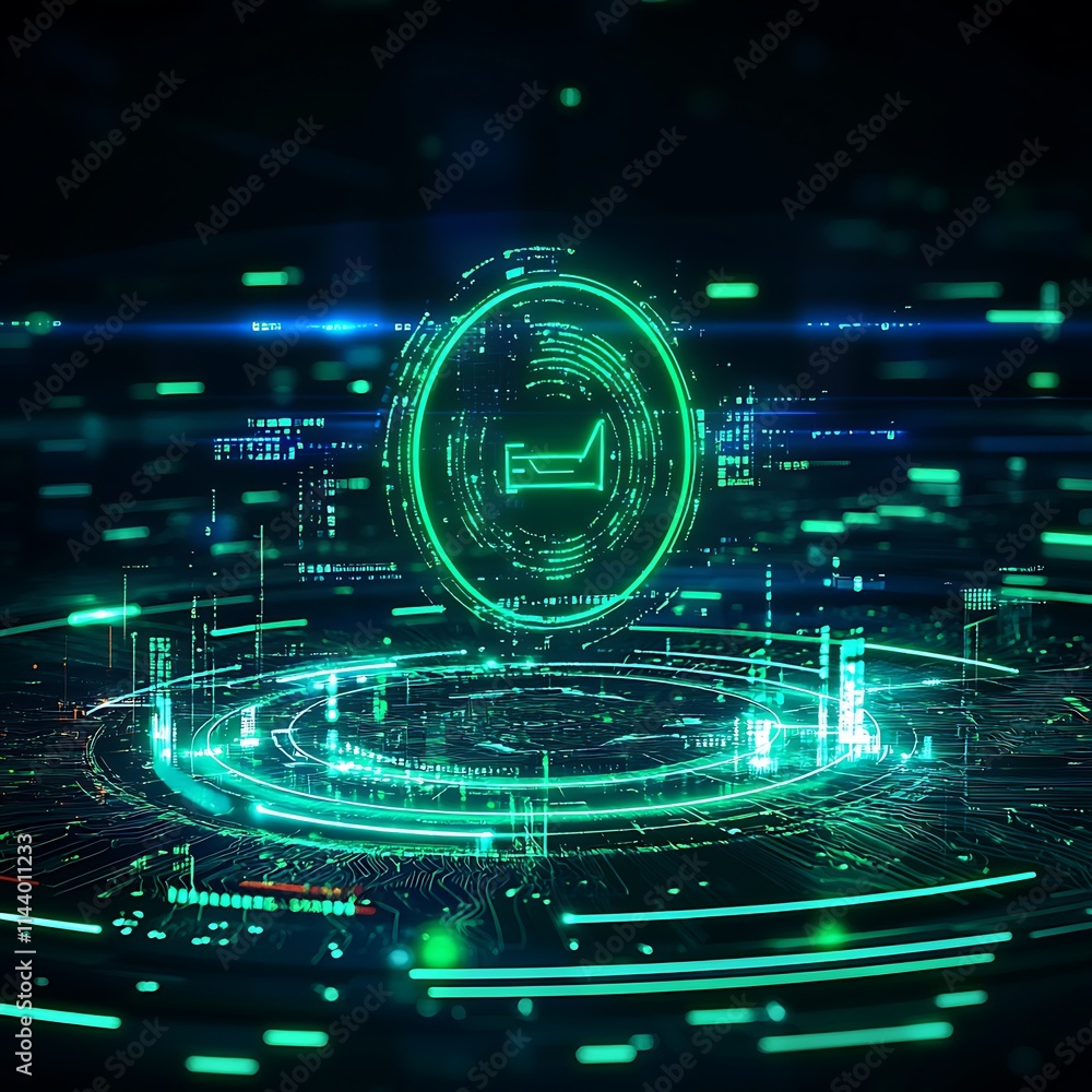 Poster futuristic digital interface with green light elements and abstract data visualization