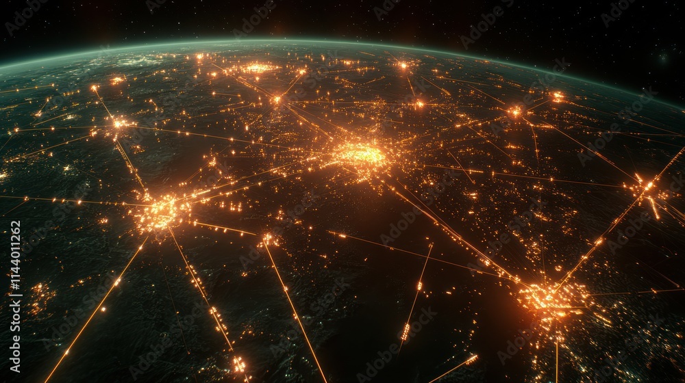 Poster global network connections at night, illuminated cities and lines representing data transfer.