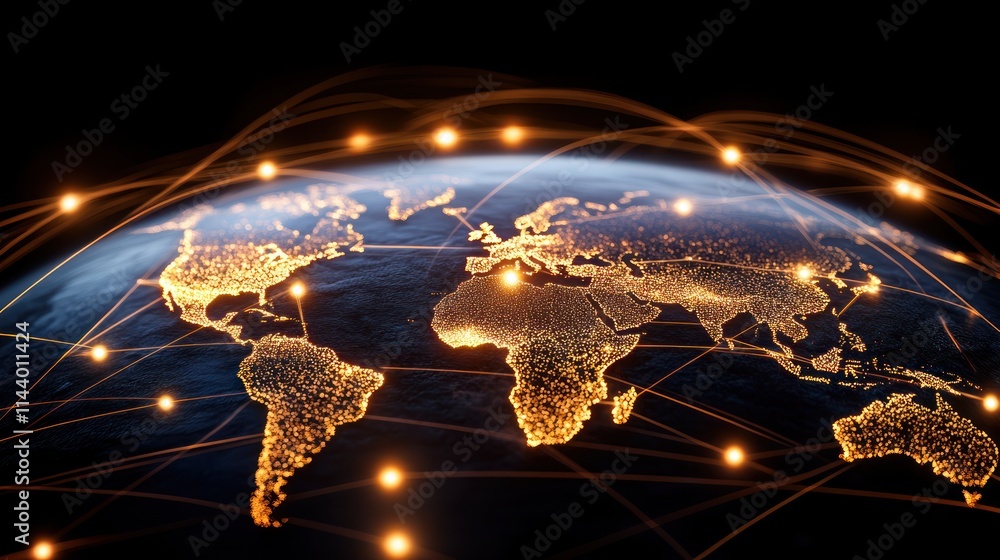 Poster global network connections illuminating the world map at night.