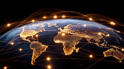 Global network connections illuminating the world map at night.