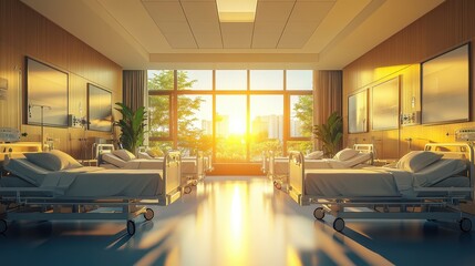 Sunrise illuminates a modern hospital ward with several empty beds. Ideal for healthcare, wellness, or recovery concepts.