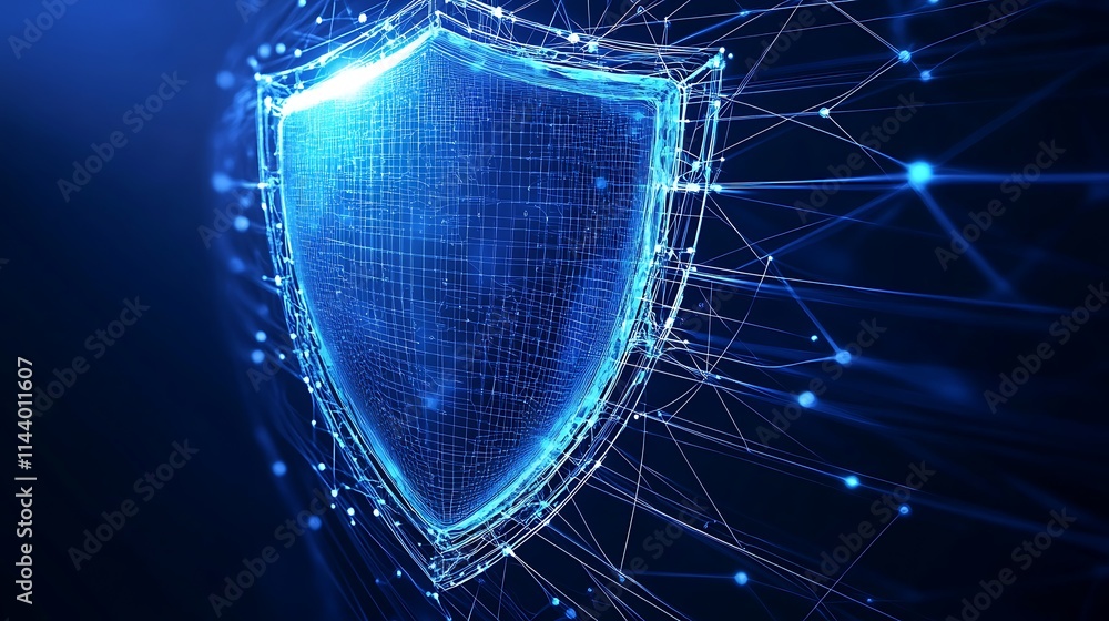 Poster futuristic digital shield concept with blue lines and points on a dark background