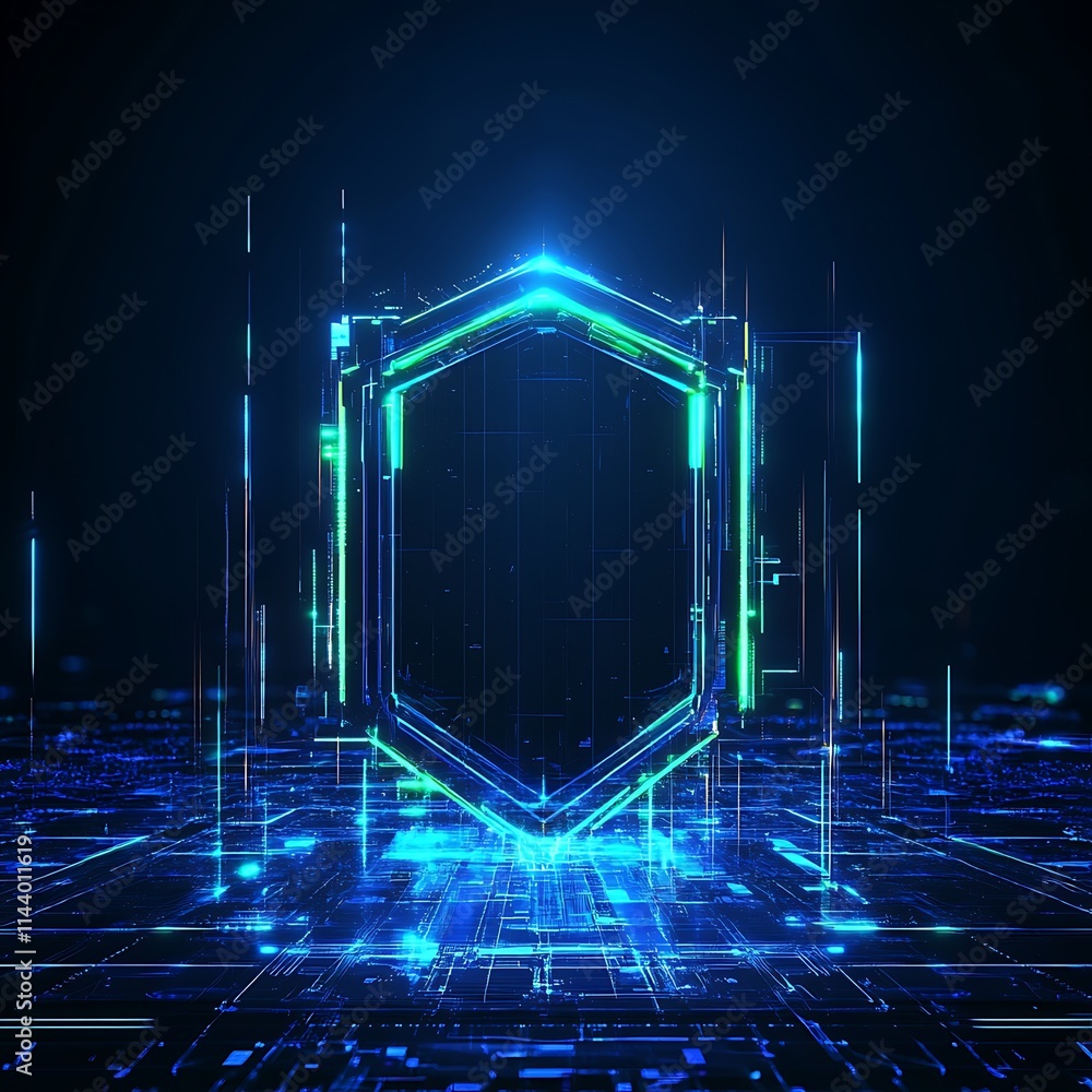 Poster futuristic digital shield concept with glowing lights and data visualization in dark background