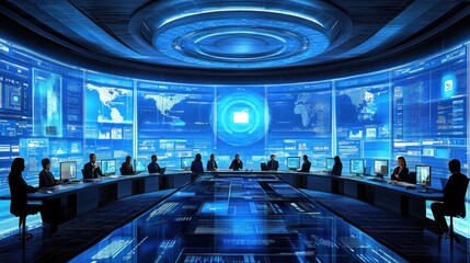 Global network control center with team monitoring data on large screens.