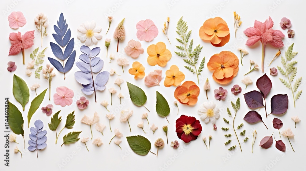 Poster elegant and minimalist flat lay composition with assorted colorful petals and green leaves arranged 