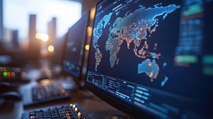 Global network monitoring system displayed on a computer screen in a modern office.