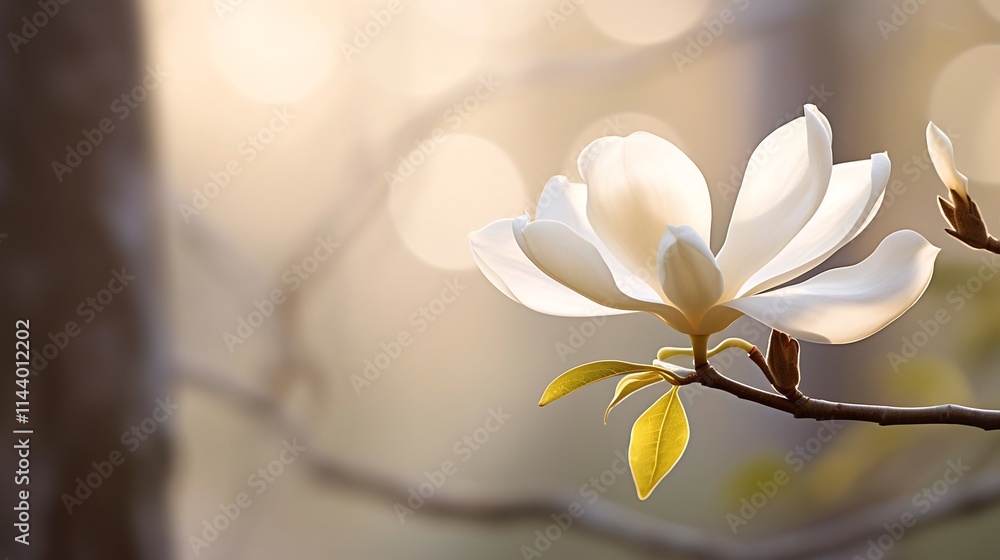 Poster closeup of a single magnolia flower in full bloom on a slender tree branch with a soft dreamy focus 