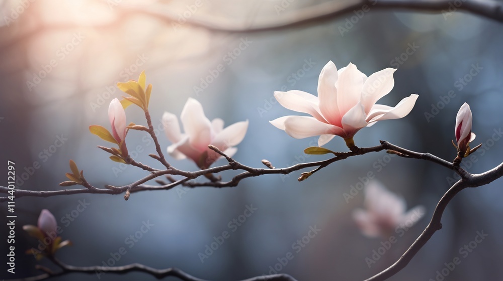 Poster a single magnolia flower in full bloom on a tree branch with a soft blurred background that creates 