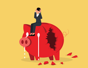 Stress and despair. Depressed businesswoman sitting on a broken piggy bank, poverty or bankruptcy concept