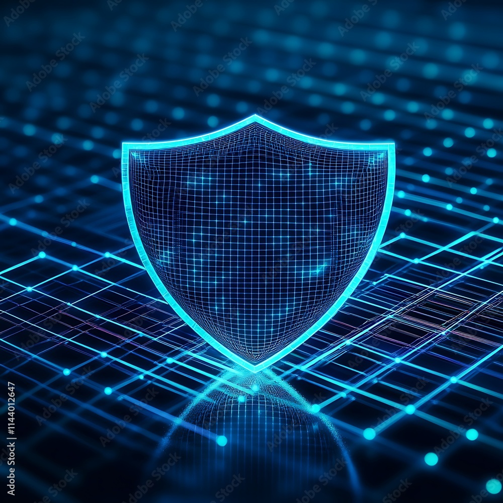 Poster futuristic digital shield symbol representing cyber security and data protection concepts