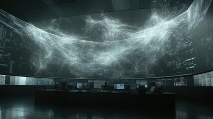Global network data visualized on a large curved screen in a modern control center.