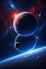 Obraz premium A breathtaking view of a celestial landscape, featuring a vibrant planet, a smaller moon, and a breathtaking sunset over a sea of fluffy clouds.