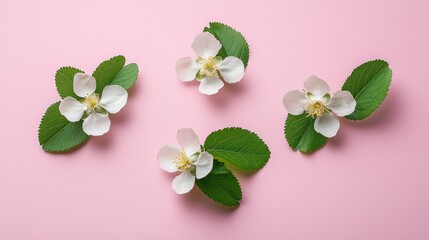 Delicate white flowers with green leaves on pink background.