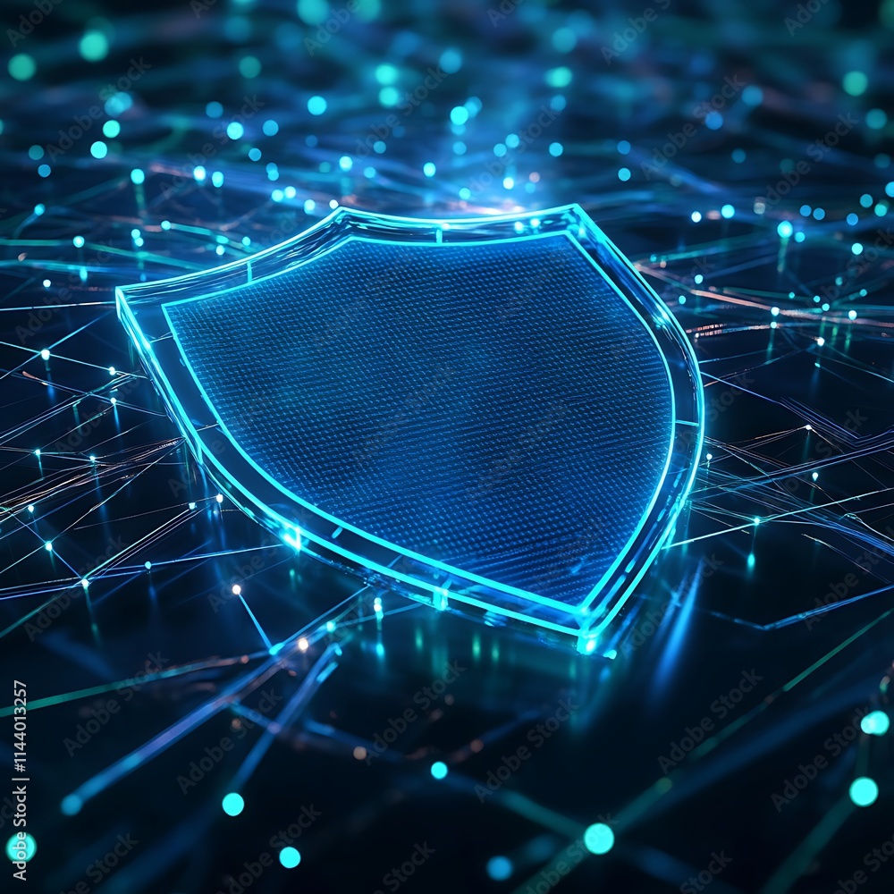Poster futuristic digital shield with glowing lines and data connections in cybersecurity concept