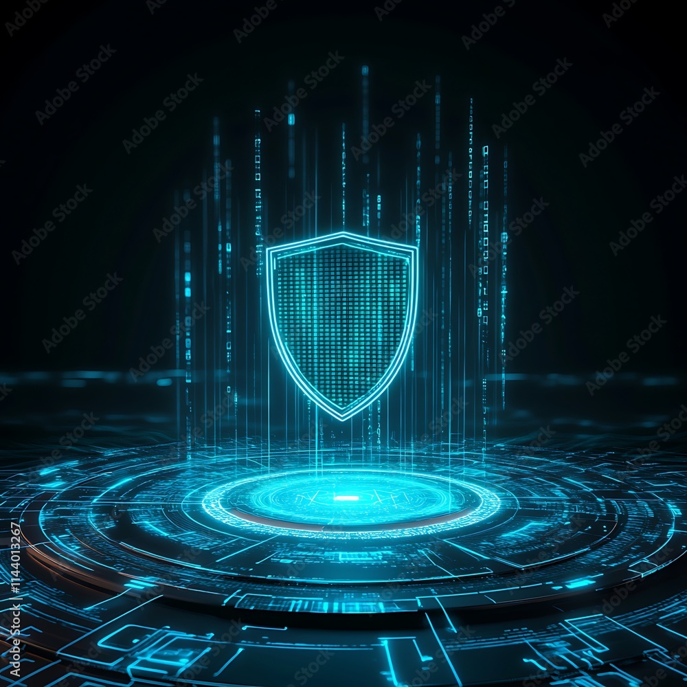Poster futuristic digital shield with data streams and cybersecurity concept for protection and privacy