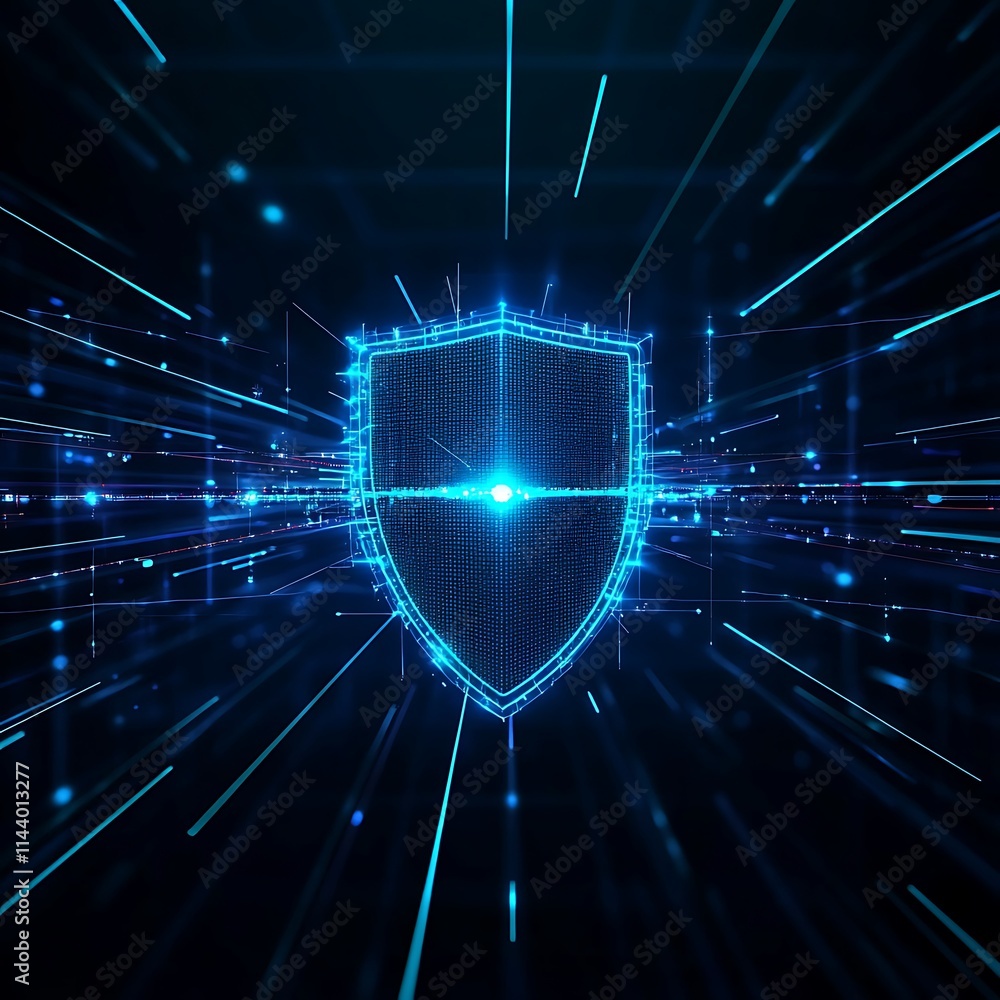 Poster futuristic digital shield with light effects and data streams on a dark background