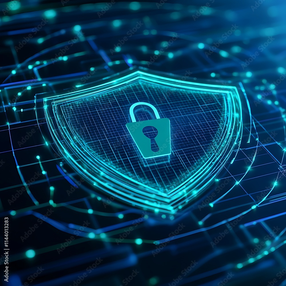 Poster futuristic digital shield with lock icon representing cybersecurity and data protection