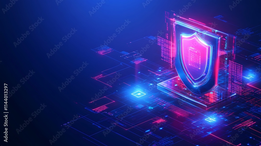 Poster futuristic digital shield with neon colors and data elements representing cybersecurity concept