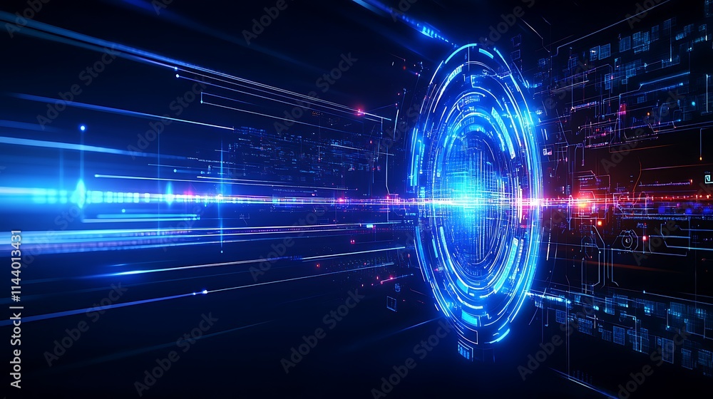 Poster futuristic digital technology background with glowing circular patterns and data streams