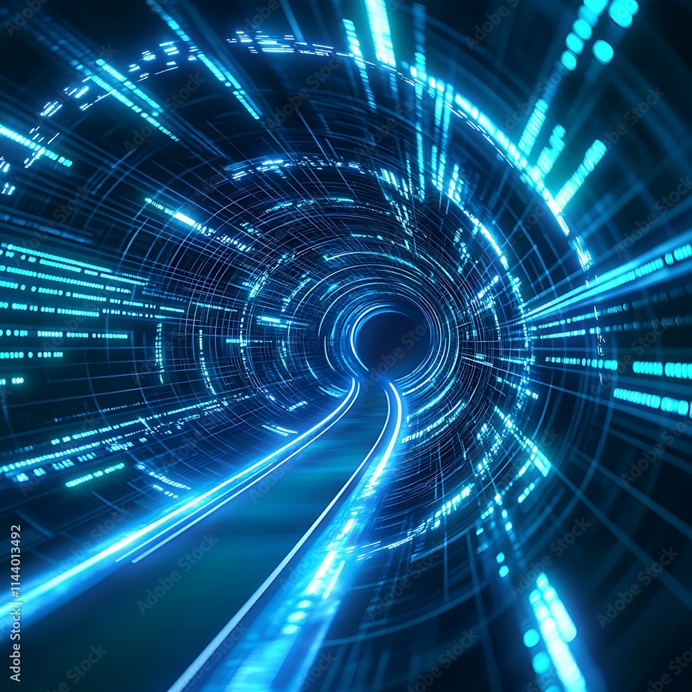 Poster futuristic digital tunnel with blue light trails and abstract data flowing through space
