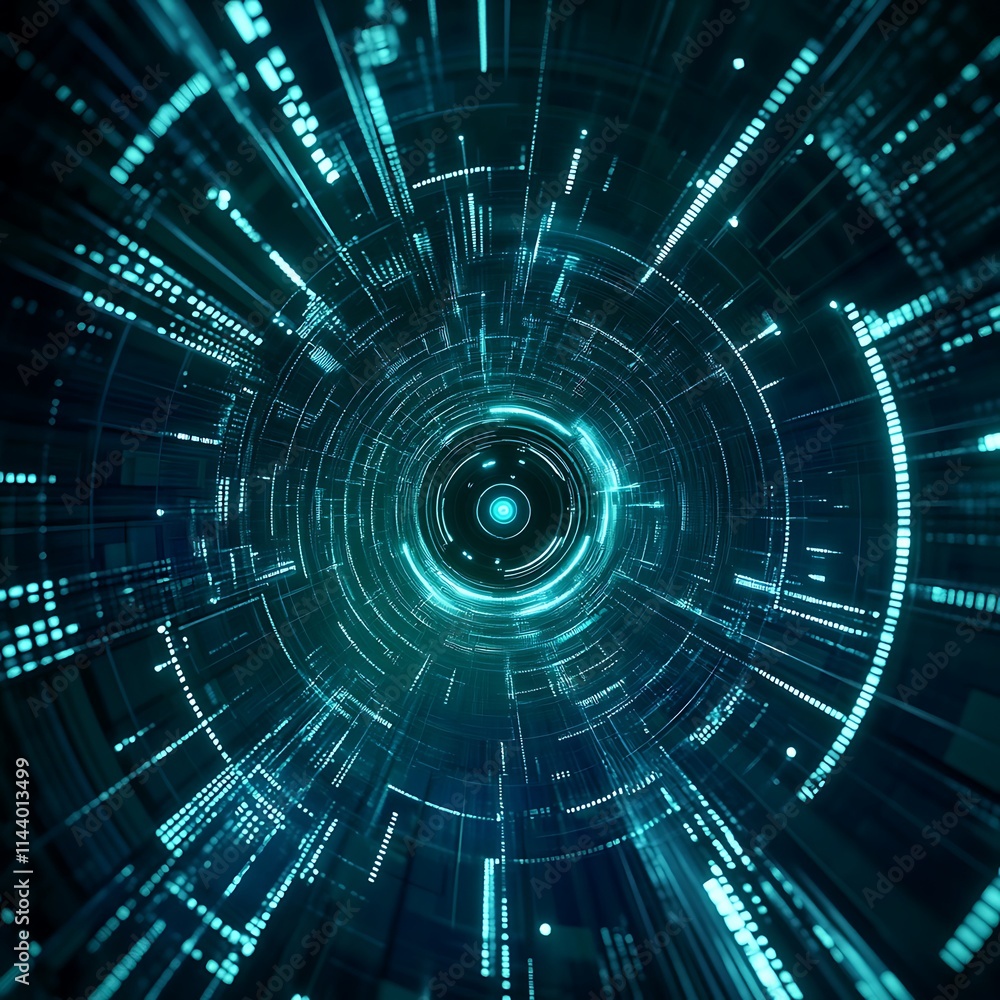 Poster futuristic digital tunnel with bright neon lights and data patterns in deep dark space