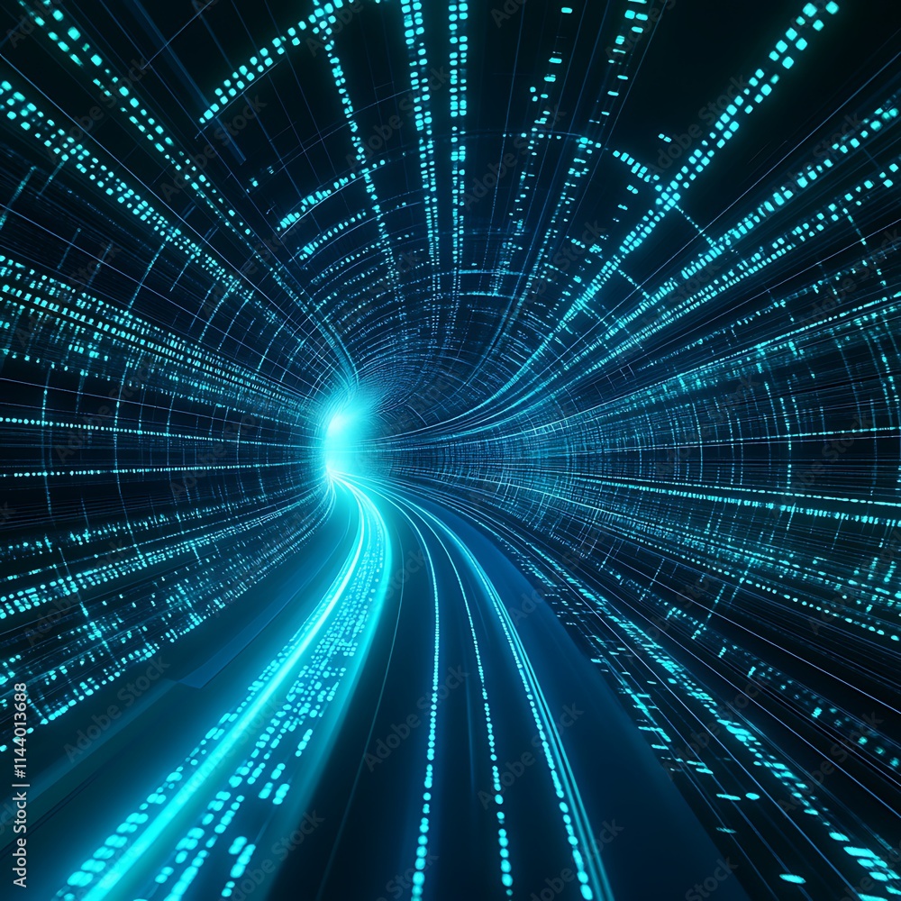 Aufkleber futuristic digital tunnel with glowing blue lines and data points in motion effect