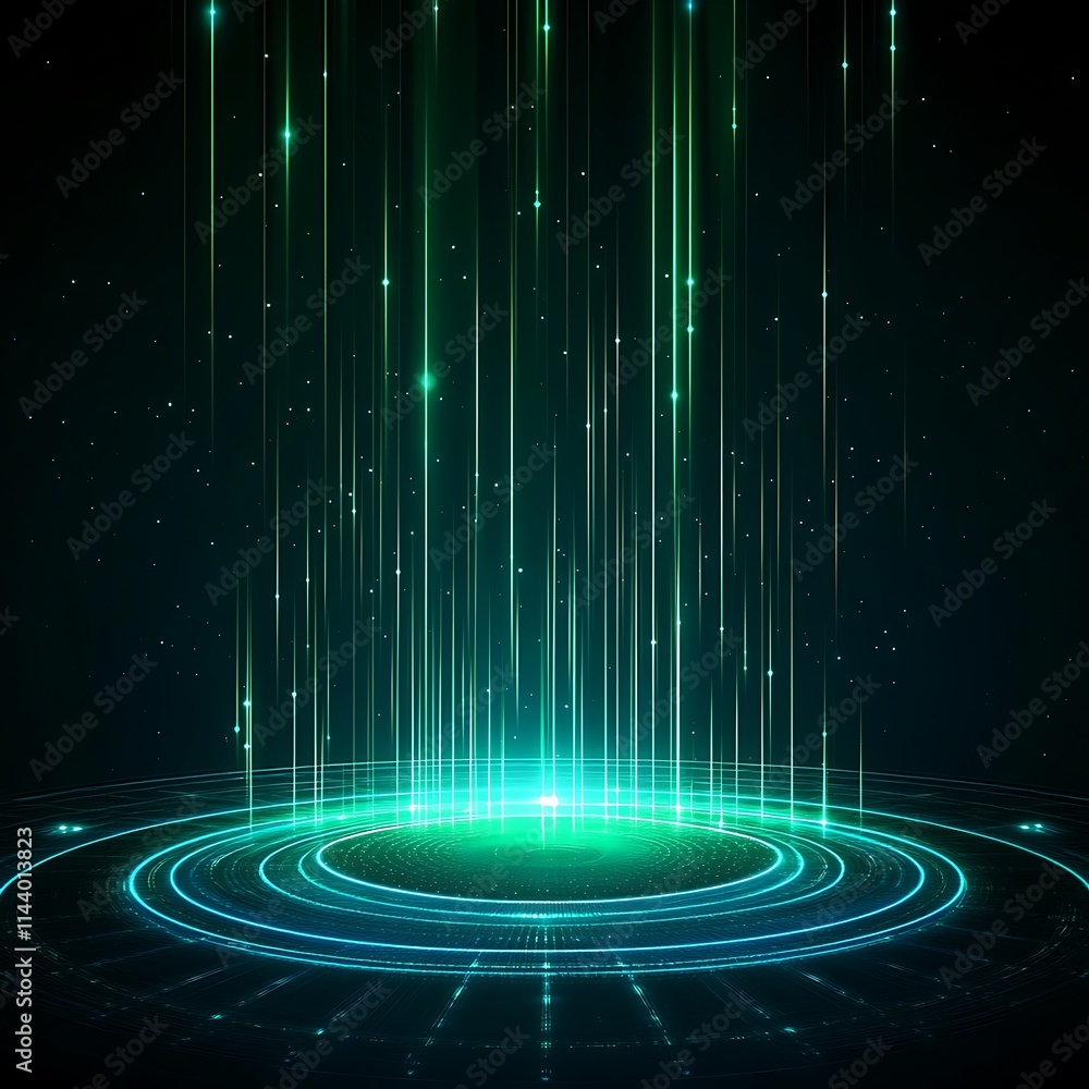 Poster Futuristic glowing green rays and particles in a dark space with circular light patterns