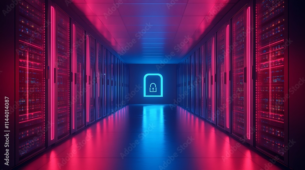 Poster Futuristic Server Room with Neon Lights and Security Icon in Data Center Environment
