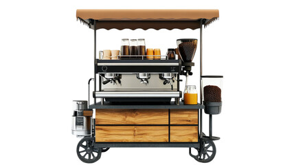 Mobile coffee cart with espresso machine and various beverages on display in a stylish urban setting.