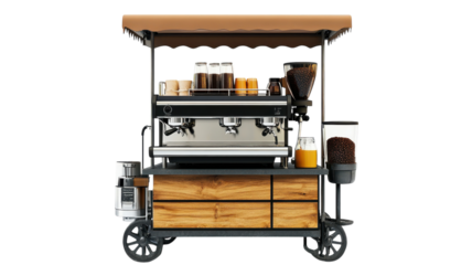 Mobile coffee cart with espresso machine and various beverages on display in a stylish urban setting.