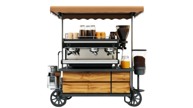 Mobile coffee cart with espresso machine and various beverages on display in a stylish urban setting.