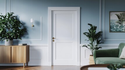 Modern interior with white door, plants, and green sofa.