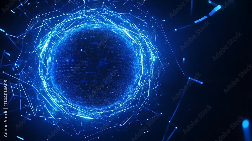 Poster glowing blue abstract sphere with dynamic particle effects in dark background