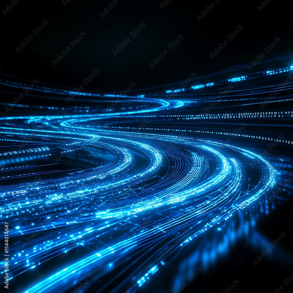 Poster glowing blue light trails creating a dynamic sense of speed and motion in abstract background