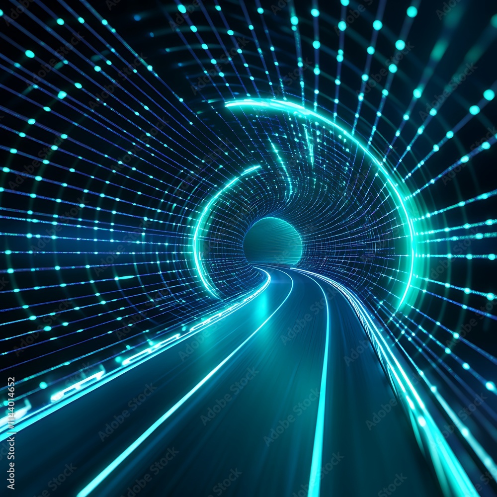 Poster futuristic tunnel with glowing lines and vibrant light flow for dynamic digital backgrounds