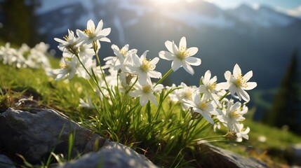 Breathtaking view of edelweiss flowers blooming on a lush green mountainside against a scenic alpine landscape
