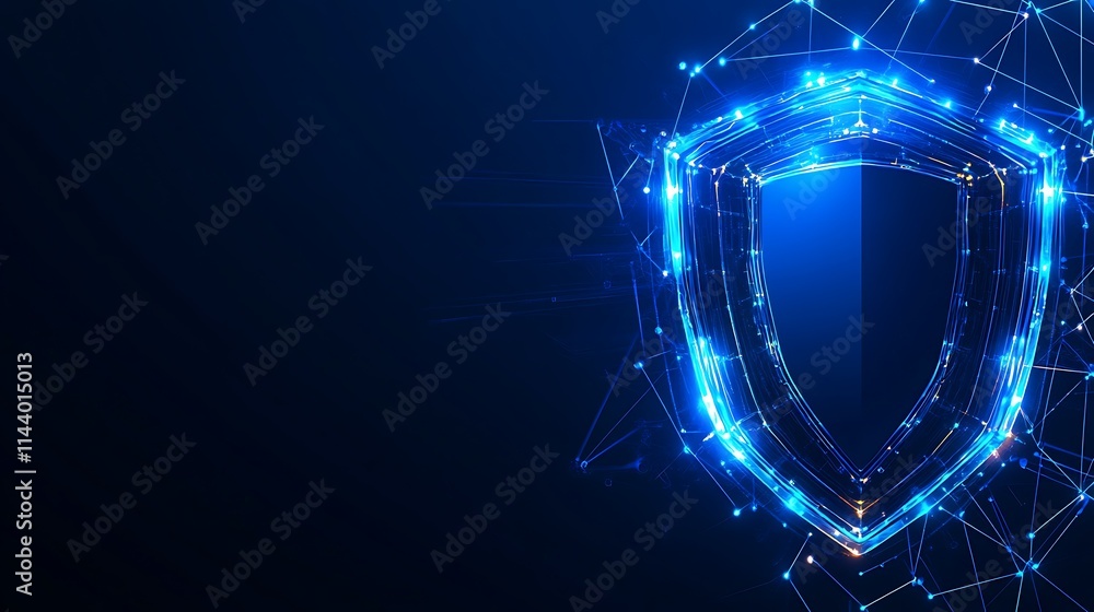 Poster modern digital shield symbol representing cybersecurity and data protection in technology design