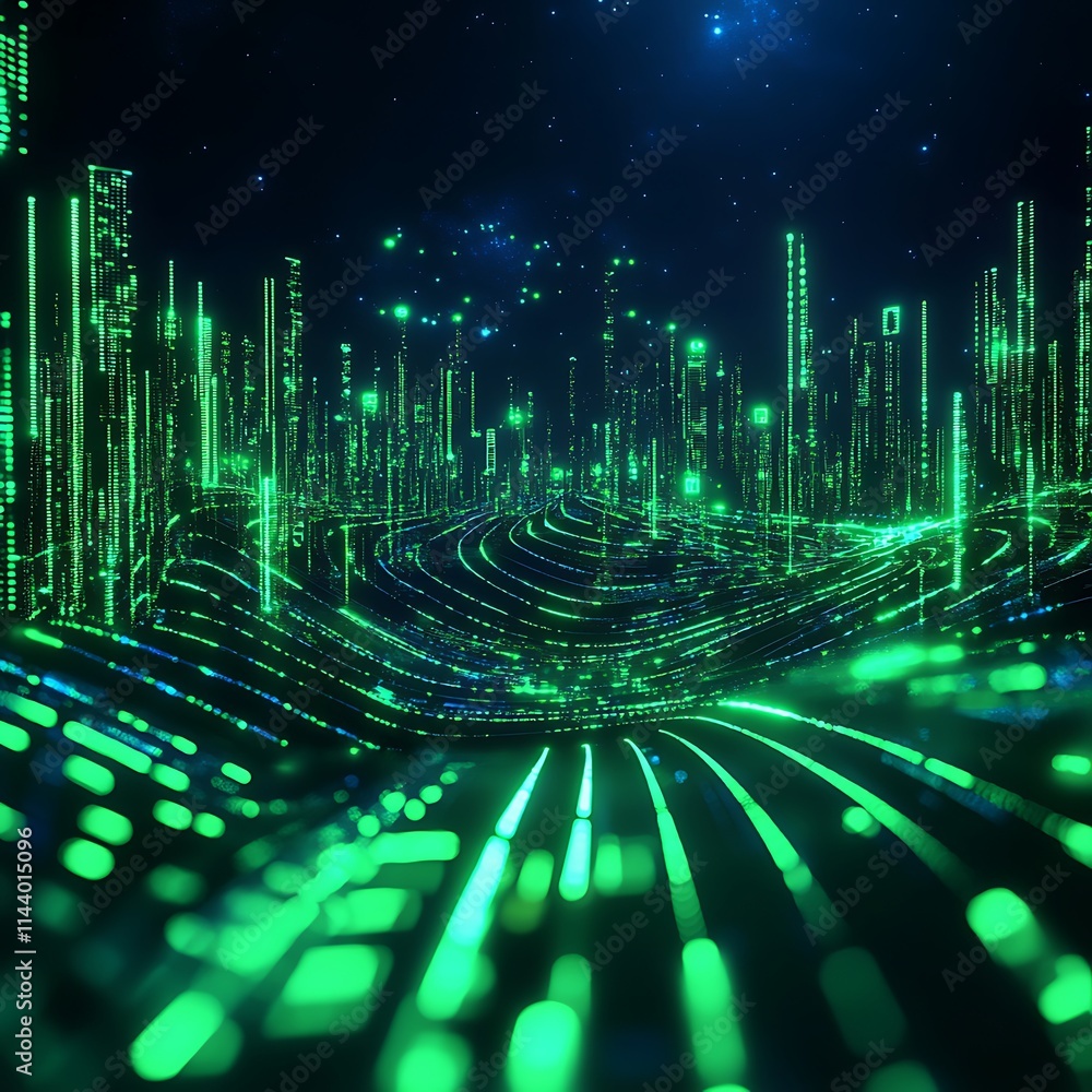 Poster neon green data stream concept with abstract cityscape in futuristic digital environment